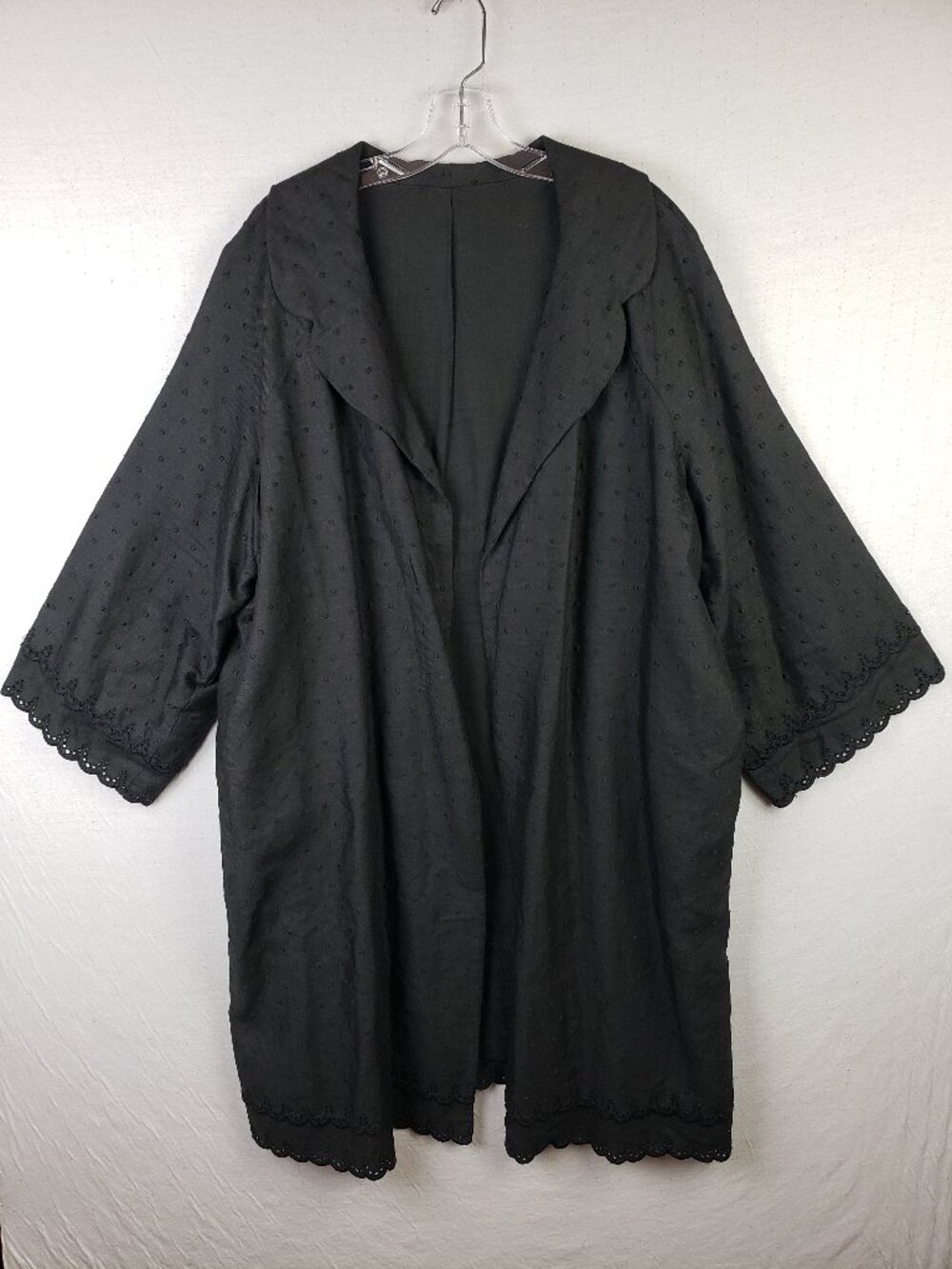 Linen Duster Coat Kimono Open Front Embroidered Polka Dot Oversized O/S 1X 2X 3X - Picture 2 of 14